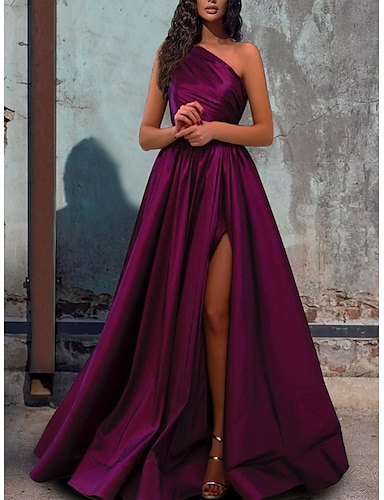 A-Line Minimalist Elegant Engagement Formal Evening Dress One Shoulder Sleeveless Floor Length Satin with Pleats Split 2021