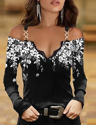 Women Cold Shoulder Tops Lace Half Sleeves T-Shirt V-Neck Zipper Plus Size Tee Blouse Loose Solid Ruffle Tunic Top 