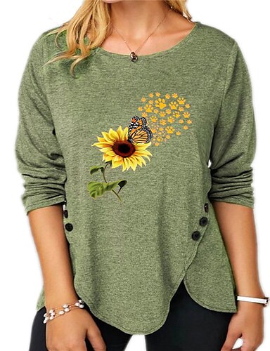 Kilopy Women Fashion Plus Size Sunflower Print Round Neck Long Sleeved T-Shirt Tuic Tops Loose Casual Pullover Blouse Tops 