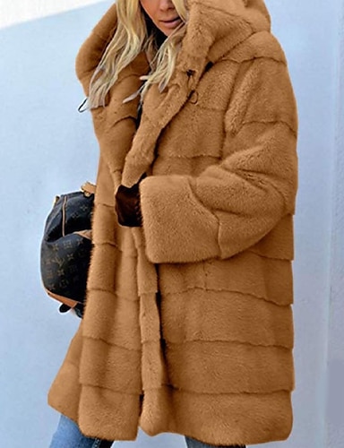 Lazzboy Women Coat Parka Jacket Faux Fur Warm Fluffy Notch Collar Dual Pocket Solid Outerwear 