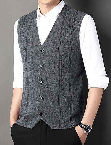 Gilet Tricoté Sans Manches Homme – Laine Mélangée, Col Rond, Poche, Pour Printemps/automne/hiver