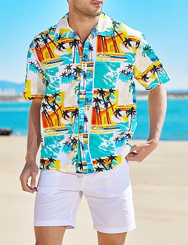 Men's Shirt Summer Hawaiian Shirt Graphic Prints Turndown Blue Yellow ...