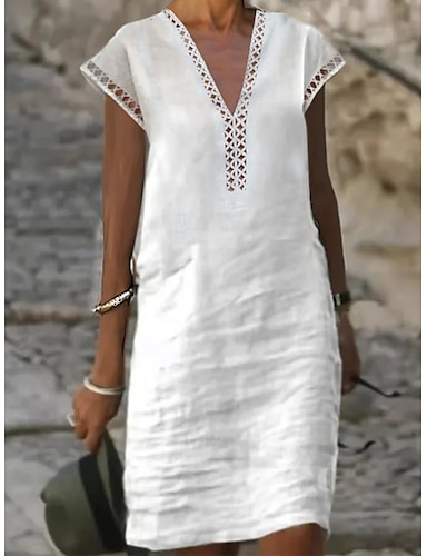 Women's Cotton Linen Dress Casual Dress Shift Dress Midi Dress Cotton ...