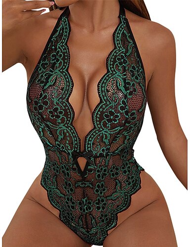 Women's Sexy Bodies Teddies & Bodysuits Pure Color Lovers Hot See Through Home Bed Valentine's Day Lace Breathable Plunging Neck Sleeveless Backless Hole Summer Spring Black Red