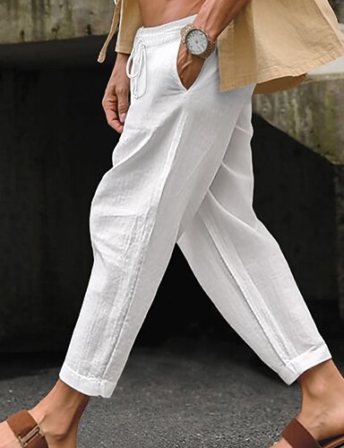 Men's Linen Pants Trousers Summer Pants Beach Pants Drawstring Elastic ...
