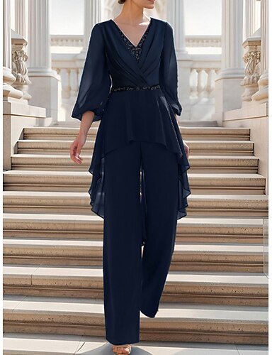 Jumpsuits Moeder van de bruid jurk Bruiloft gast Elegant V hals Tot de enkel Chiffon 3 4 mouw met Pailletten Ruches Effen kleur 2024 2024 167.99