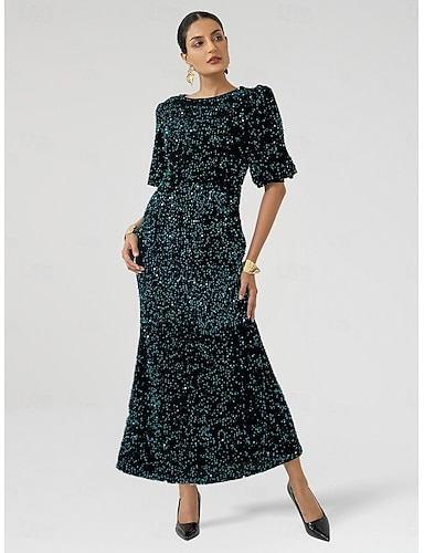 βελούδινη παγιέτα φουσκωτό μανίκι αστραφτερό κομψό μάξι φόρεμα Χαμηλού Κόστους