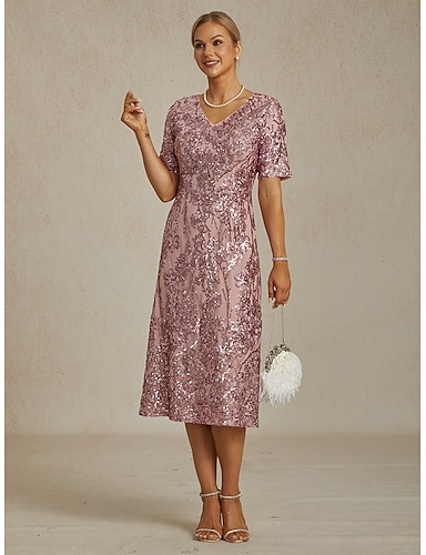 baratos Mulheres Vestido midi Vestido de turno Elegante Festa Festa Casamento Paetês Bordado Purpurina Normal Floral Manga Curta Decote V Rosa avermelhado