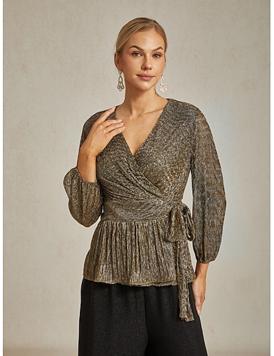 baratos Mulheres Tops Envoltórios Blusa transparente Tops elegantes Pregueado Metálico Elegante Festa à moda Manga Longa Manga lanterna Decote V Tops regulares Convidado do casamento Traje de festa para