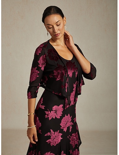 Bolera z weluru dla kobiet kwiatowe eleganckie vintage 3/4 długości rękawa dekolt w kształcie litery V dla gościa weselnego na wieczorne przyjęcie wieczorowa odzież wino jesień zima tanie