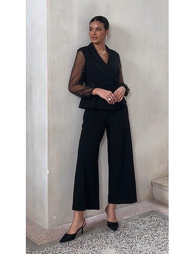 cheap Women's Blouses Lapel Long Sleeve Illusion Sleeve Lantern Sleeve Elegant Casual Daily Mother Of The Bride Wedding Guest with Stretch Fabric Glitter Combo Black