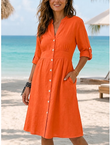economico Per donna Abito al ginocchio Abiti in cotone e lino Abito Camicia Elegante Vacanza Classico Quotidiano Ufficio Vacanza Vestibilità regolare Semplice Manica Lunga Scollo a V Rosso Blu marino Arancione