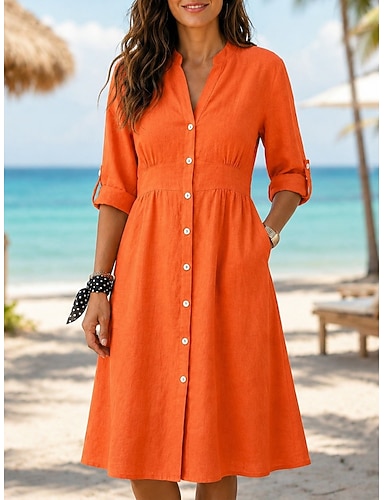 preiswerte Damen Knielanges Kleid Baumwoll-Leinen-Kleider Hemdblusenkleid Elegant Urlaub Klassisch Täglich Büro Urlaub Normale Passform Einfach Langarm V Ausschnitt Rote Marineblau Orange Sommer Frühling