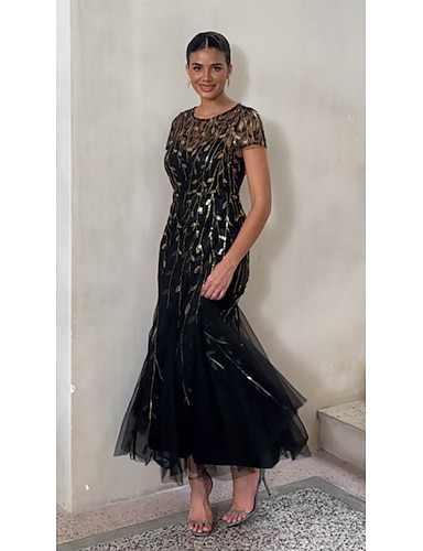 cheap Women's Mermaid Trumpet Cocktail Dress Wedding Guest Dress Ankle Length Crew Neck Short Sleeve Illusion Sleeve High Waist Elegant Vintage 1980s Mother Of The Bride Party Semi Formal with Mesh Tulle