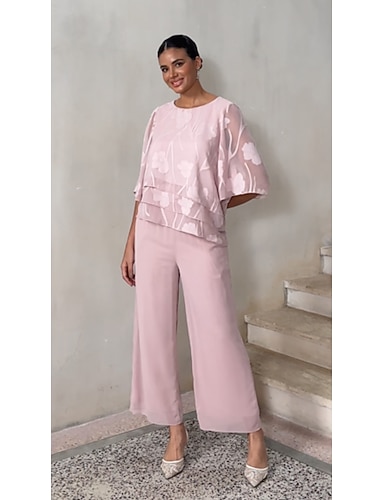 preiswerte Damen Gerade Hosen Knöchellänge Alltagstauglich Mutter der Braut Hochzeitsgast mit Chiffon Einfarbig Rosa