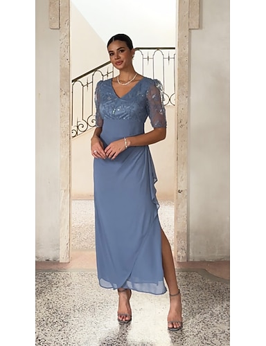 cheap Women's Sheath Column Cocktail Dress Wedding Guest Dress Ankle Length V Neck Half Sleeve Illusion Sleeve Empire Waist Elegant Mother Of The Bride Semi Formal with Chiffon 3D Floral Mesh Lace Slit
