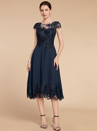 A-Line Mother of the Bride Dress Wedding Guest Elegant Petite Scoop Neck  Tea Length Chiffon Lace Cap Sleeve with Sequin Ruching Solid Color free  custom size 2026 - $201.29