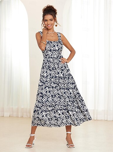 Women's Maxi Dress Floral Print Sleeveless Square Neckline Casual Summer A- Line Blue and White Lightweight Fabric Garden Party Beachwear Versatile  Sizes 2026 - $45.99