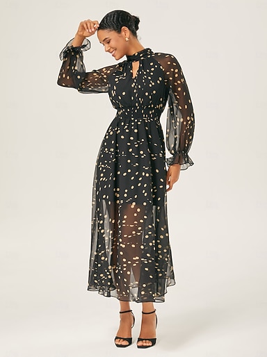 Women's Female Casual Dress Maxi Dress Black Long Sleeve Polka Dot Print  Summer Cross-Seasons High Neck Vacation Bohemian S M L 2026 - $14.99