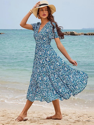 Women's Mid-Length Dress Short Sleeve V-neck Floral Print Bohemian Style  Comfortable Beach Vacation Wear Blue White Summer Spring Clothing Apparel  2026 - $31.99
