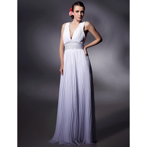 

Sheath / Column Celebrity Style Dress Prom Floor Length Sleeveless Plunging Neck Chiffon with Beading Draping 2022 / Formal Evening / Open Back