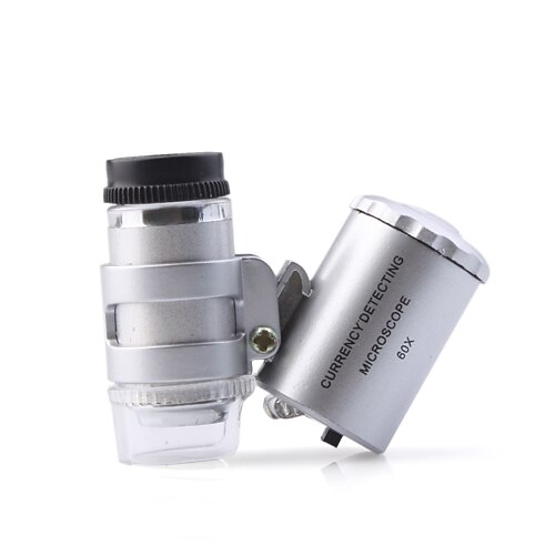 Mini súper microscopio de 60x con 2-Iluminación LED + dinero / moneda detectar la luz ultravioleta (3 * LR1130)