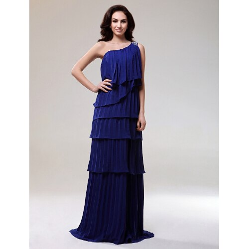 

Sheath / Column Dress Formal Evening Floor Length Sleeveless One Shoulder Chiffon with Pleats Beading 2022