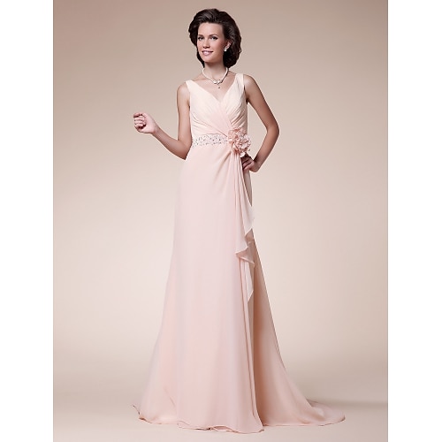 

A-Line Mother of the Bride Dress Floral V Neck Sweep / Brush Train Chiffon Sleeveless with Criss Cross Beading Ruffles 2022