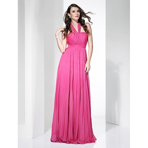 

Sheath / Column Dress Prom Floor Length Sleeveless Halter Neck Chiffon with Pleats Draping 2022 / Formal Evening