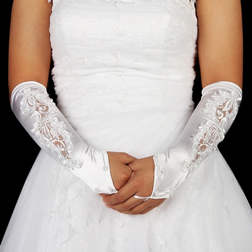 Satin Fingerless Elbow Length With Appliques Bridal Gloves