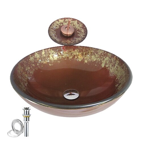 Victory Round Brown Tempered glass Vessel Sink With Waterfall Faucet, Mounting Ring and Water Drain(0917-VT4003)