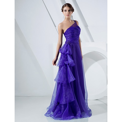 

A-Line Elegant Dress Formal Evening Floor Length Sleeveless One Shoulder Organza with Side Draping Cascading Ruffles 2022