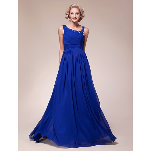 

A-Line Mother of the Bride Dress Sparkle & Shine Straps Floor Length Chiffon Sleeveless with Pleats Ruched Beading 2022