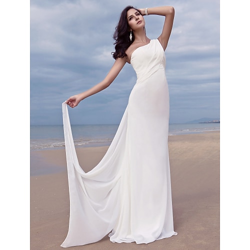 

Sheath / Column Wedding Dresses One Shoulder Sweep / Brush Train Chiffon Regular Straps Simple Plus Size with Side-Draped 2022