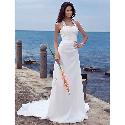 

Sheath / Column Wedding Dresses Halter Neck Court Train Chiffon Regular Straps Beach Backless with Appliques 2022