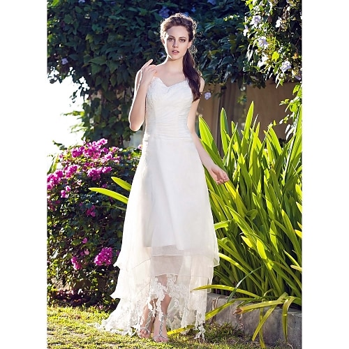 

A-Line Wedding Dresses V Neck Asymmetrical Organza Spaghetti Strap with Lace 2022