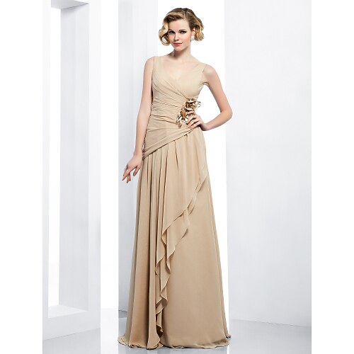 

Sheath / Column Elegant Dress Formal Evening Floor Length Sleeveless V Neck Chiffon with Draping Side Draping Flower 2022