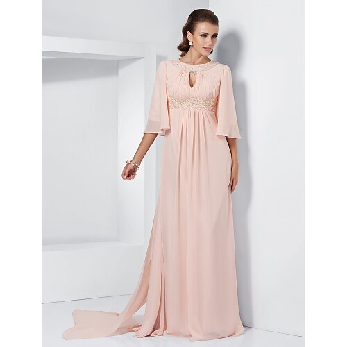 

A-Line Special Occasion Dresses Elegant Dress Formal Evening Sweep / Brush Train Half Sleeve Jewel Neck Chiffon with Beading Draping 2022 / Keyhole