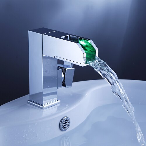 Contemporary Centerset Waterfall LED Ceramic Valve One Hole Single Handle One Hole Chrome, Bathroom Sink Faucet