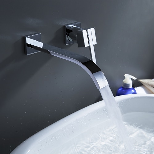 baterii pentru chiuveta de baie, cascadă din alamă, suport de perete în stil modern, un singur mâner, robinet de baie cu finisaj cromat, cu două găuri, cu comutator la rece și la cald