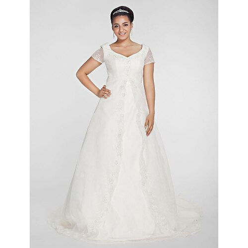 

Princess A-Line Wedding Dresses V Neck Chapel Train Organza Short Sleeve with Beading Appliques 2022