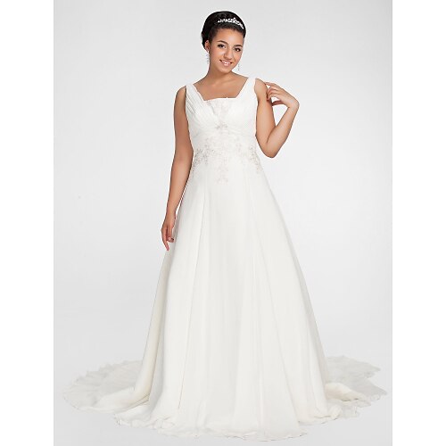 

A-Line Wedding Dresses Square Neck Chapel Train Chiffon Sleeveless with Beading Draping Appliques 2022