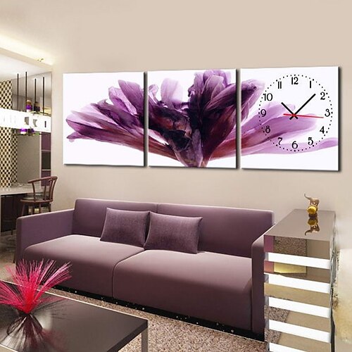 Moderní květinové fialové nástěnné hodiny v plátně 3ks