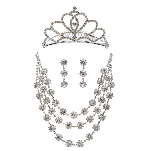 Triple Strand Rhinestone Bridal Necklace With Earrings & Tiara 