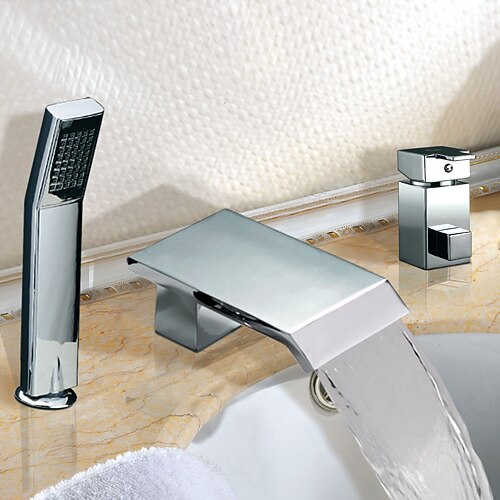 Bathtub Faucet - Contemporary Chrome Roman Tub Ceramic Valve Bath Shower Mixer Taps / Two Handles Three Holes