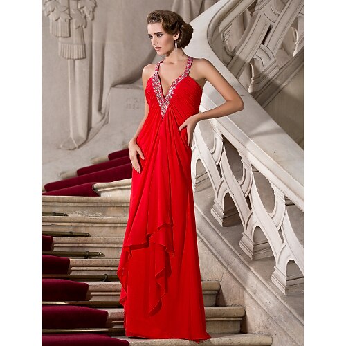 

A-Line Celebrity Style Dress Formal Evening Floor Length Sleeveless Plunging Neck Chiffon with Beading 2022 / Cut Out / Beautiful Back