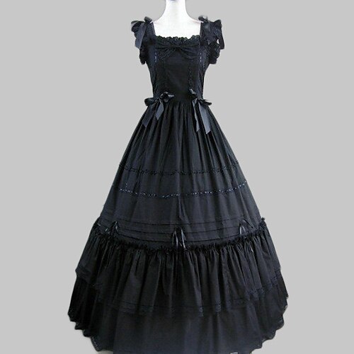 Prinsesse Gothic Lolita Ruffle Dress feriekjole Kjoler Ballkjole Dame Jente Satin Bomull Japansk Cosplay-kostymer Svart Vintage Kappeerme Lang Lengde