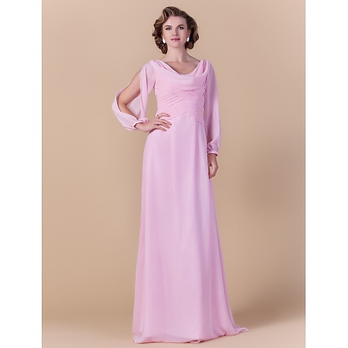 

Sheath / Column Mother of the Bride Dress Vintage Inspired Cowl Neck Floor Length Chiffon Long Sleeve with Criss Cross Ruched 2022 / Split