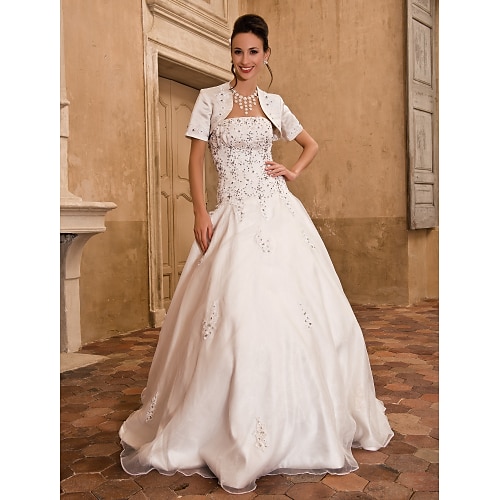 

Sala Abiti da sposa Lungo Da ballo Manica corta Senza bretelline Raso Con Perline Con applique 2023 Primavera Abiti da sposa