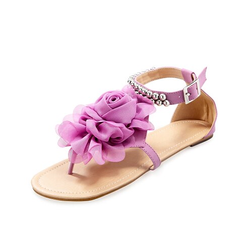 Women's Shoes Leatherette Flat Heel Sandals With Beaded Ankle Strap & Satin Flower More Colors Available